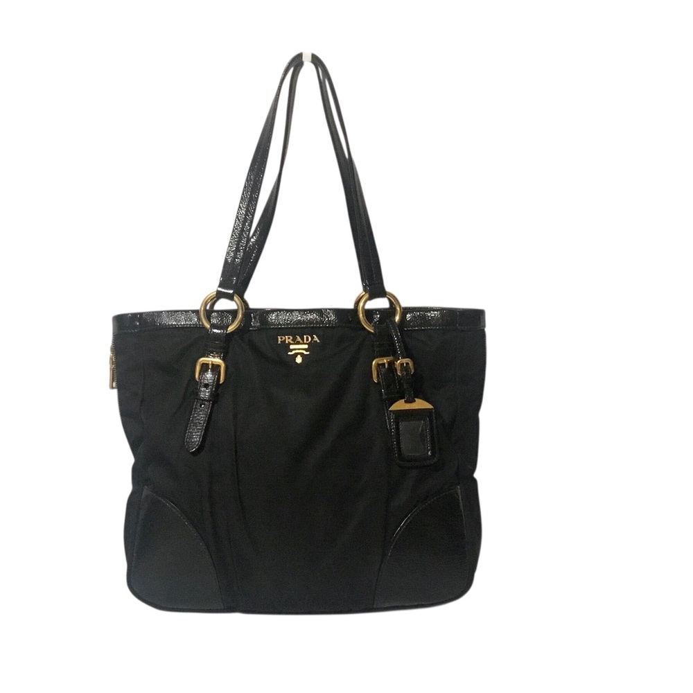 Authentic Prada Vitello Daino Nylon and Patent Leather Tote with Gold Hardware